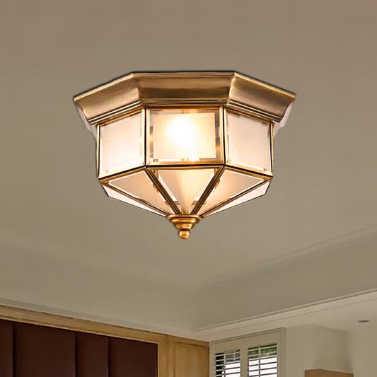 Brass 2 Lights Flush Mount Fixture Colonialism Curved Frosted Glass Octagon Ceiling Mounted Light for Bedroom Brass Clearhalo 'Ceiling Lights' 'Close To Ceiling Lights' 'Close to ceiling' 'Flush mount' Lighting' 271322