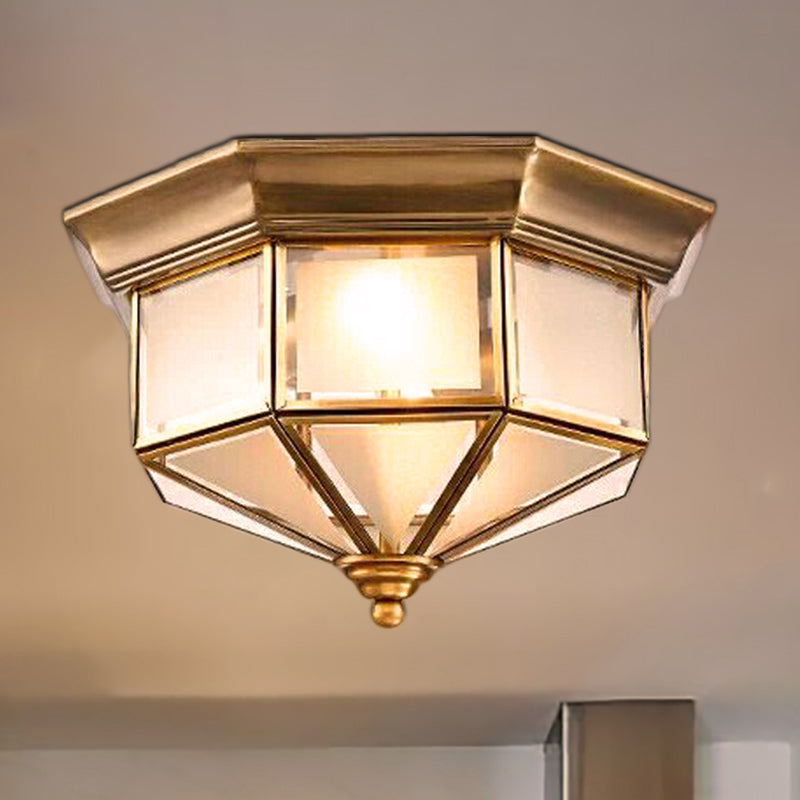 Brass 2 Lights Flush Mount Fixture Colonialism Curved Frosted Glass Octagon Ceiling Mounted Light for Bedroom Clearhalo 'Ceiling Lights' 'Close To Ceiling Lights' 'Close to ceiling' 'Flush mount' Lighting' 271323