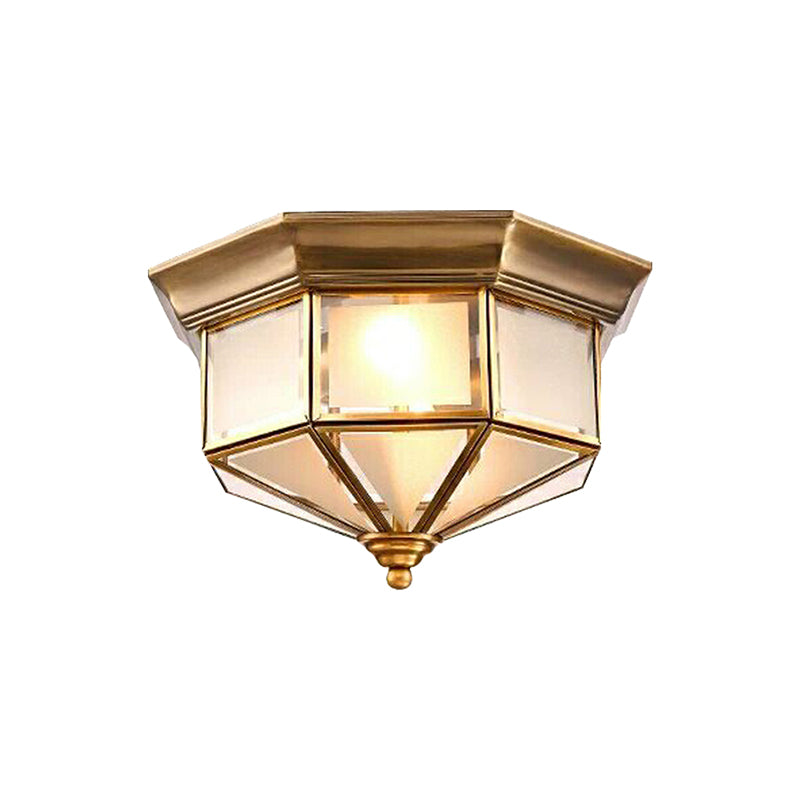 Brass 2 Lights Flush Mount Fixture Colonialism Curved Frosted Glass Octagon Ceiling Mounted Light for Bedroom Clearhalo 'Ceiling Lights' 'Close To Ceiling Lights' 'Close to ceiling' 'Flush mount' Lighting' 271325