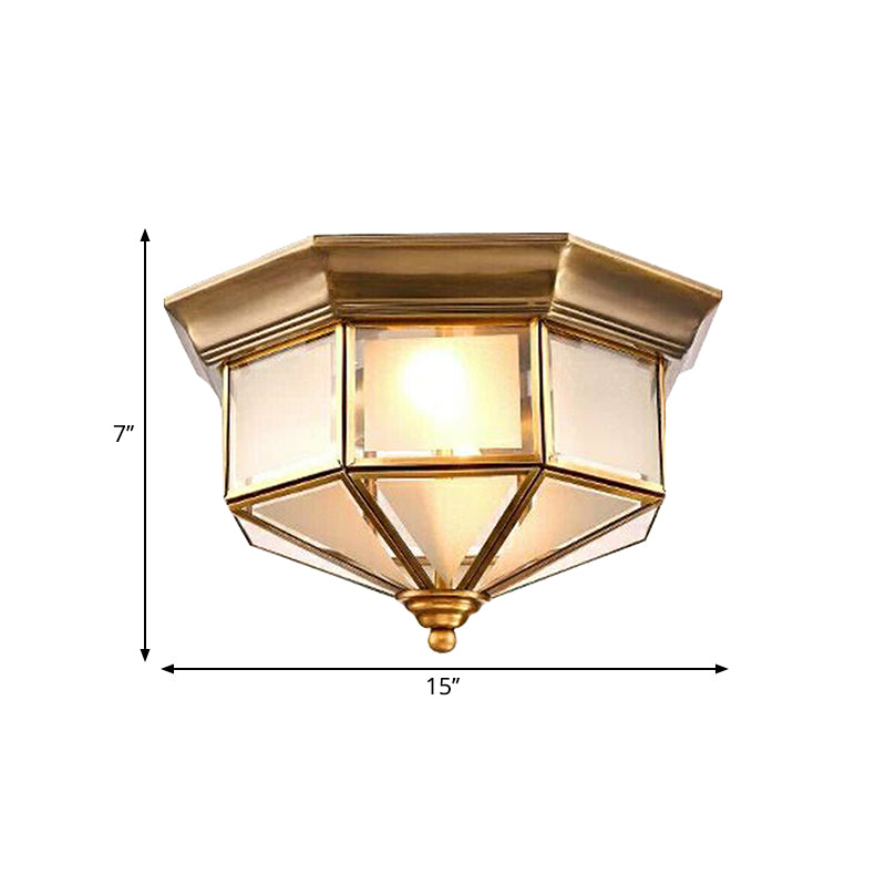 Brass 2 Lights Flush Mount Fixture Colonialism Curved Frosted Glass Octagon Ceiling Mounted Light for Bedroom Clearhalo 'Ceiling Lights' 'Close To Ceiling Lights' 'Close to ceiling' 'Flush mount' Lighting' 271326