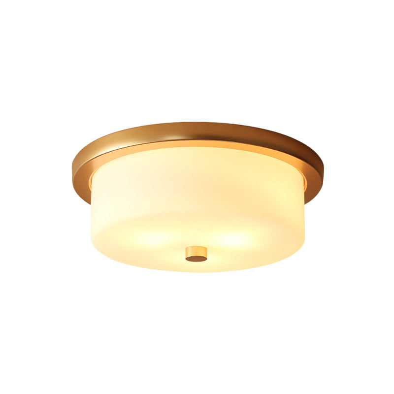 Drum Dining Room Flush Mount Light Colonial White Handblown Glass 3 Bulb Gold Close to Ceiling Lamp Clearhalo 'Ceiling Lights' 'Close To Ceiling Lights' 'Close to ceiling' 'Flush mount' Lighting' 271336