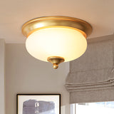 2 Bulbs Globe Ceiling Mount Colonial Brass Mouth Blown Opal Glass Flush Light Fixture for Living Room Brass Clearhalo 'Ceiling Lights' 'Close To Ceiling Lights' 'Close to ceiling' 'Flush mount' Lighting' 271349