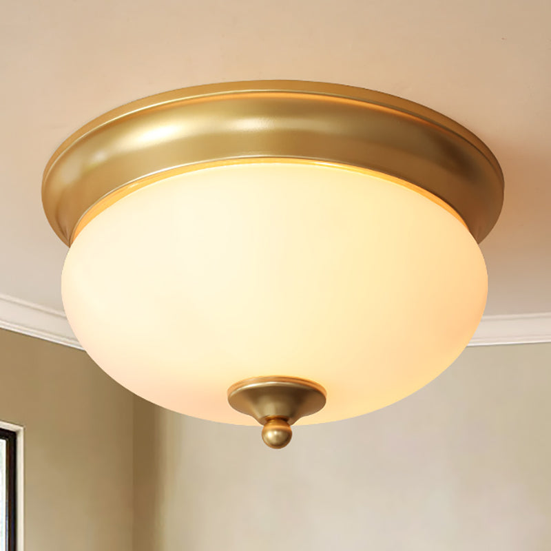 2 Bulbs Globe Ceiling Mount Colonial Brass Mouth Blown Opal Glass Flush Light Fixture for Living Room Clearhalo 'Ceiling Lights' 'Close To Ceiling Lights' 'Close to ceiling' 'Flush mount' Lighting' 271350