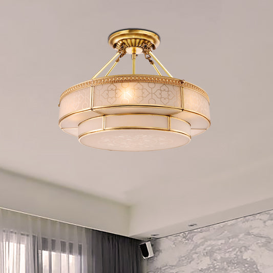 Colonial Round Ceiling Mount Light Fixture 3 Bulbs Milky Glass Semi Flush Chandelier in Brass for Living Room Brass Clearhalo 'Ceiling Lights' 'Close To Ceiling Lights' 'Close to ceiling' 'Glass shade' 'Glass' 'Semi-flushmount' Lighting' 271355