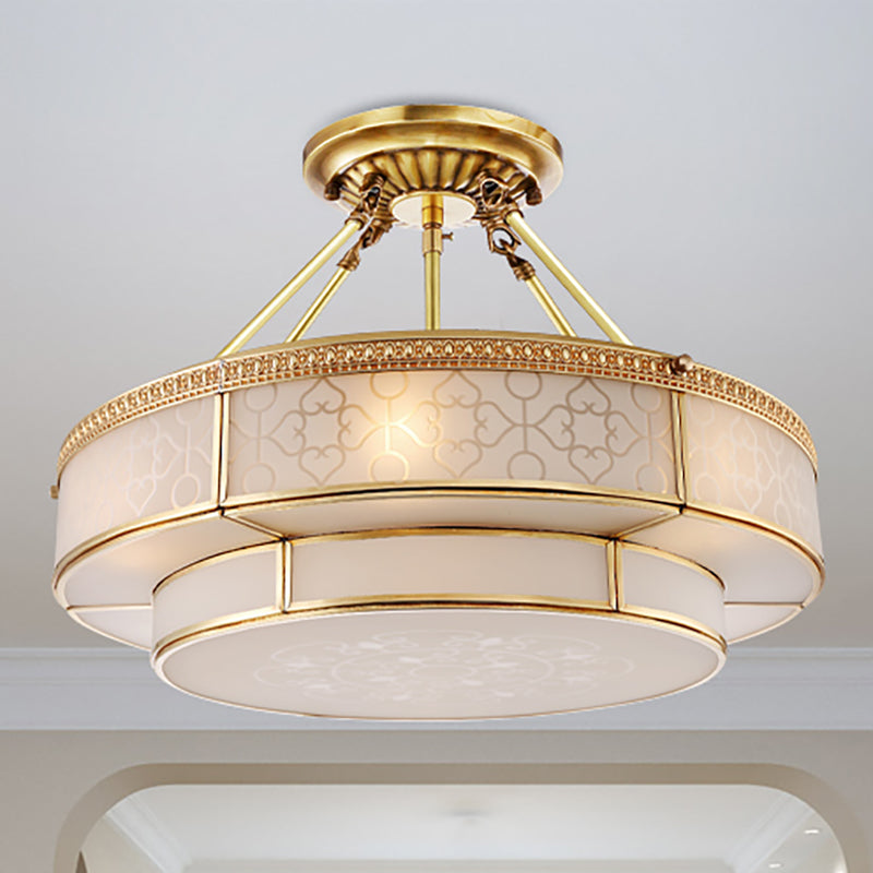Colonial Round Ceiling Mount Light Fixture 3 Bulbs Milky Glass Semi Flush Chandelier in Brass for Living Room Clearhalo 'Ceiling Lights' 'Close To Ceiling Lights' 'Close to ceiling' 'Glass shade' 'Glass' 'Semi-flushmount' Lighting' 271356