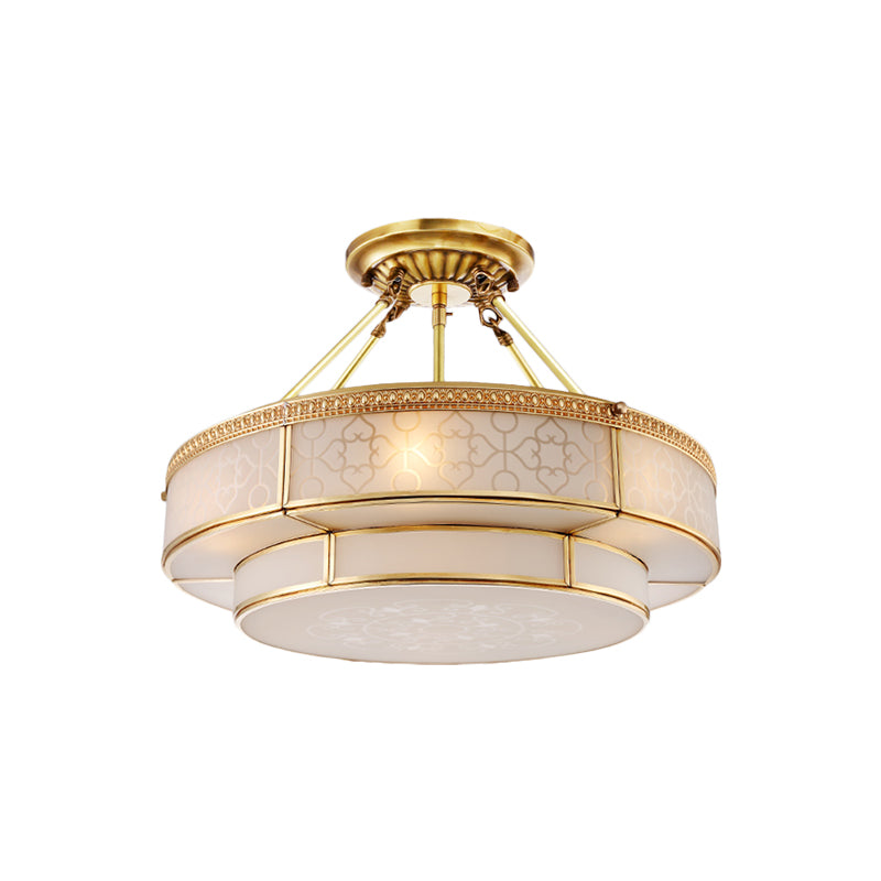 Colonial Round Ceiling Mount Light Fixture 3 Bulbs Milky Glass Semi Flush Chandelier in Brass for Living Room Clearhalo 'Ceiling Lights' 'Close To Ceiling Lights' 'Close to ceiling' 'Glass shade' 'Glass' 'Semi-flushmount' Lighting' 271358