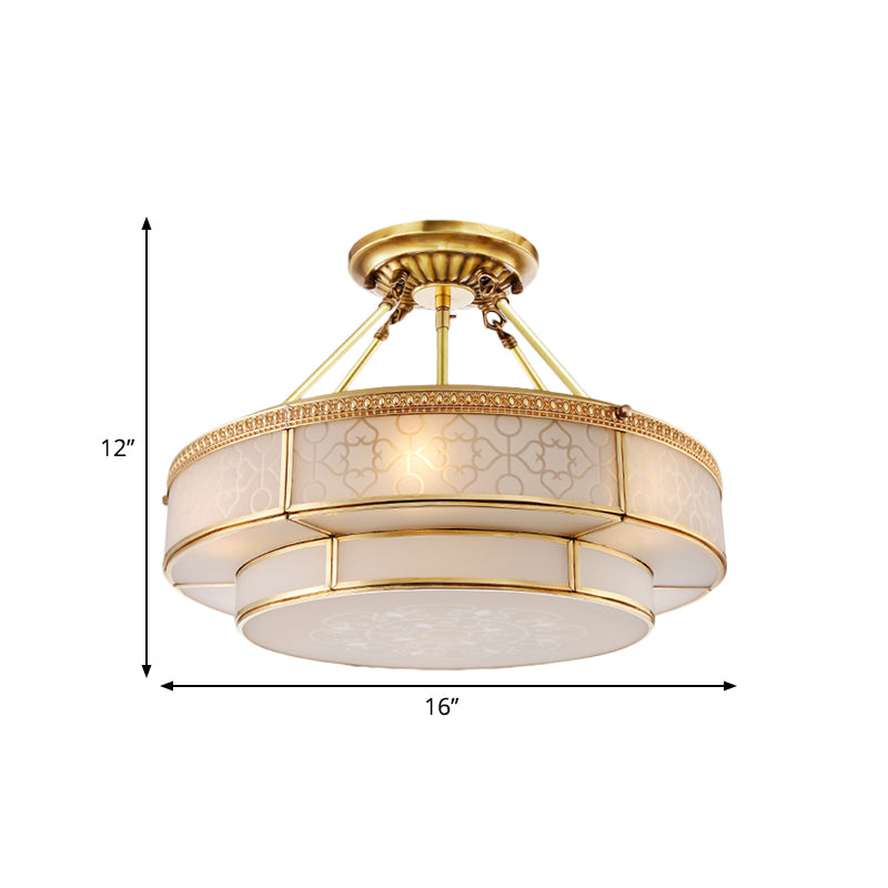 Colonial Round Ceiling Mount Light Fixture 3 Bulbs Milky Glass Semi Flush Chandelier in Brass for Living Room Clearhalo 'Ceiling Lights' 'Close To Ceiling Lights' 'Close to ceiling' 'Glass shade' 'Glass' 'Semi-flushmount' Lighting' 271359