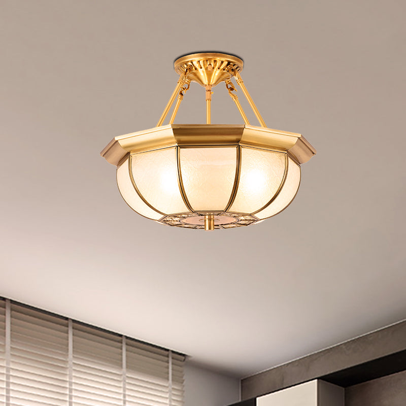 Colonial Oval Ceiling Light Fixture 3/4/6 Bulbs Cream Glass Semi Mount Lighting in Brass for Bedroom, 14"/18"/23.5" W Brass Clearhalo 'Ceiling Lights' 'Close To Ceiling Lights' 'Close to ceiling' 'Glass shade' 'Glass' 'Semi-flushmount' Lighting' 271394