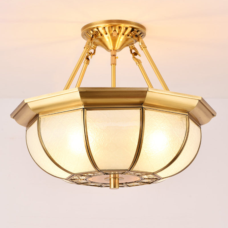 Colonial Oval Ceiling Light Fixture 3/4/6 Bulbs Cream Glass Semi Mount Lighting in Brass for Bedroom, 14"/18"/23.5" W Clearhalo 'Ceiling Lights' 'Close To Ceiling Lights' 'Close to ceiling' 'Glass shade' 'Glass' 'Semi-flushmount' Lighting' 271395