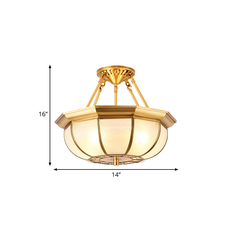 Colonial Oval Ceiling Light Fixture 3/4/6 Bulbs Cream Glass Semi Mount Lighting in Brass for Bedroom, 14"/18"/23.5" W Clearhalo 'Ceiling Lights' 'Close To Ceiling Lights' 'Close to ceiling' 'Glass shade' 'Glass' 'Semi-flushmount' Lighting' 271398