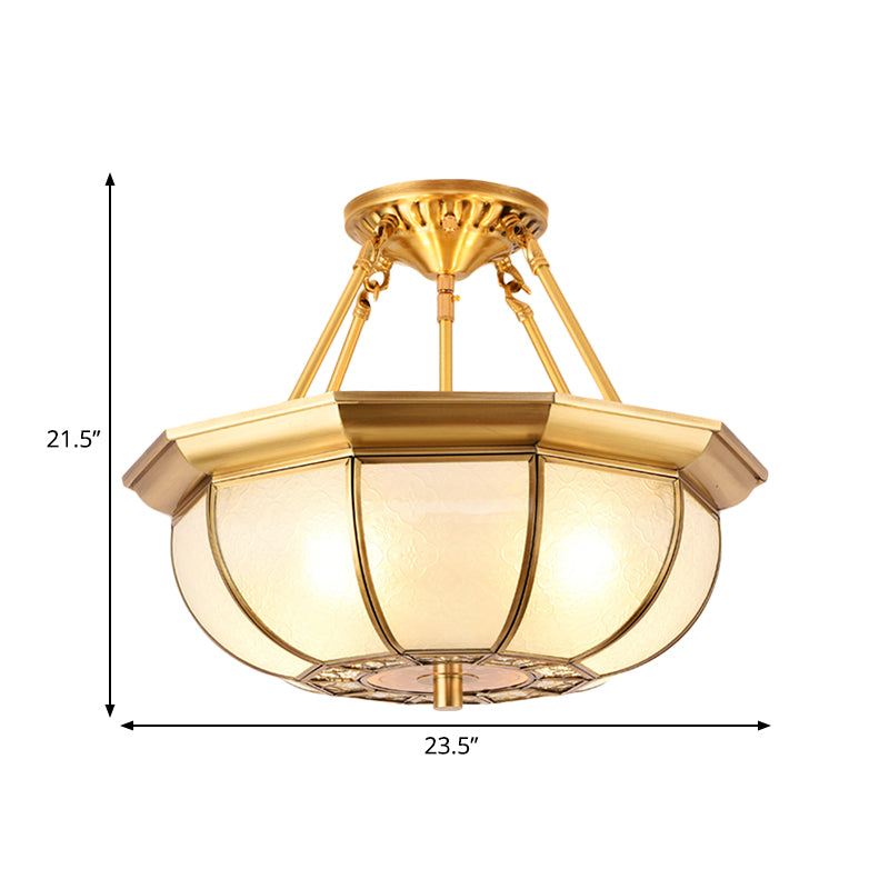 Colonial Oval Ceiling Light Fixture 3/4/6 Bulbs Cream Glass Semi Mount Lighting in Brass for Bedroom, 14"/18"/23.5" W Clearhalo 'Ceiling Lights' 'Close To Ceiling Lights' 'Close to ceiling' 'Glass shade' 'Glass' 'Semi-flushmount' Lighting' 271400