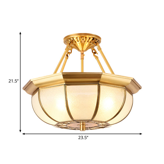 Colonial Oval Ceiling Light Fixture 3/4/6 Bulbs Cream Glass Semi Mount Lighting in Brass for Bedroom, 14"/18"/23.5" W Clearhalo 'Ceiling Lights' 'Close To Ceiling Lights' 'Close to ceiling' 'Glass shade' 'Glass' 'Semi-flushmount' Lighting' 271400