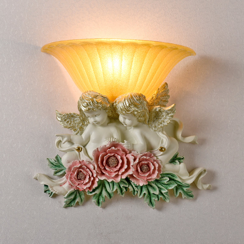 Flared Frosted Glass Wall Lamp Retro Style 1-Light Yellow Flush Wall Light Sconce with Pink/Beige Rose Detail Clearhalo 'Wall Lamps & Sconces' 'Wall Lights' Lighting' 271413