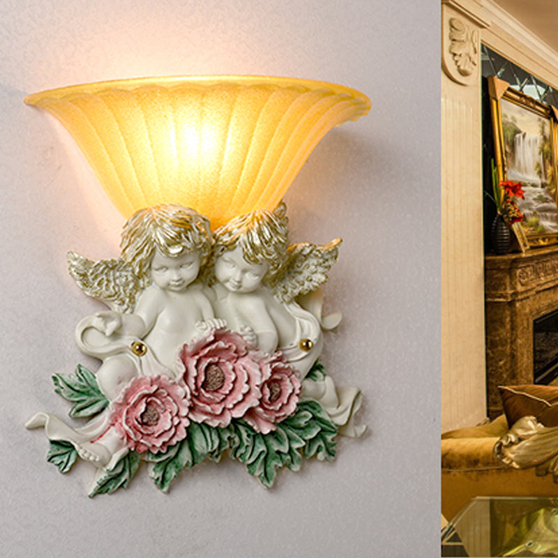 Flared Frosted Glass Wall Lamp Retro Style 1-Light Yellow Flush Wall Light Sconce with Pink/Beige Rose Detail Pink Clearhalo 'Wall Lamps & Sconces' 'Wall Lights' Lighting' 271414