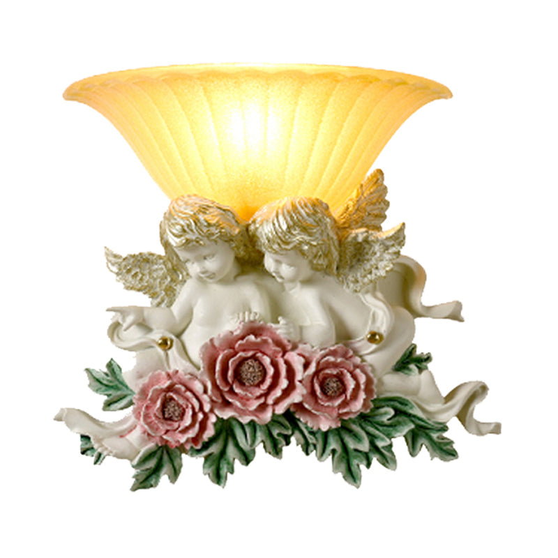 Flared Frosted Glass Wall Lamp Retro Style 1-Light Yellow Flush Wall Light Sconce with Pink/Beige Rose Detail Clearhalo 'Wall Lamps & Sconces' 'Wall Lights' Lighting' 271416