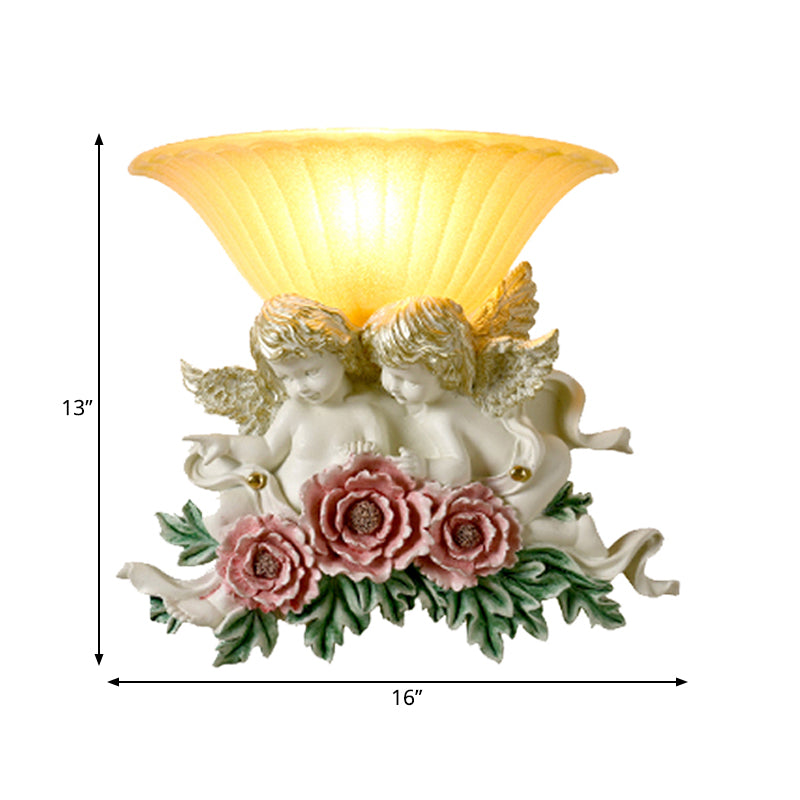 Flared Frosted Glass Wall Lamp Retro Style 1-Light Yellow Flush Wall Light Sconce with Pink/Beige Rose Detail Clearhalo 'Wall Lamps & Sconces' 'Wall Lights' Lighting' 271417