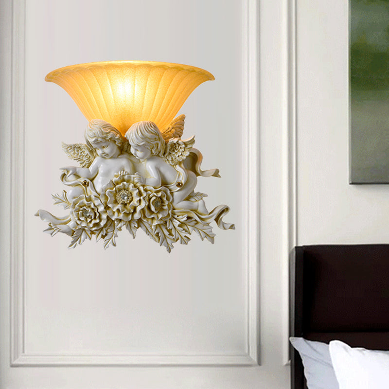 Flared Frosted Glass Wall Lamp Retro Style 1-Light Yellow Flush Wall Light Sconce with Pink/Beige Rose Detail Clearhalo 'Wall Lamps & Sconces' 'Wall Lights' Lighting' 271420