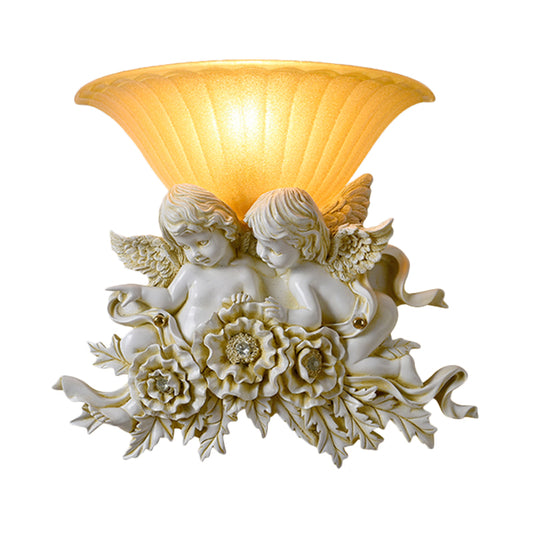 Flared Frosted Glass Wall Lamp Retro Style 1-Light Yellow Flush Wall Light Sconce with Pink/Beige Rose Detail Clearhalo 'Wall Lamps & Sconces' 'Wall Lights' Lighting' 271422