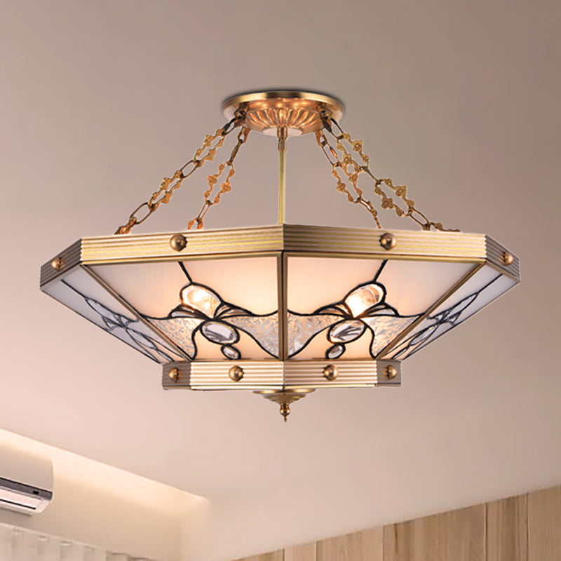 Brass 4 Lights Semi-Flush Ceiling Light Colonialism Bevel Frosted Glass Tapered Ceiling Mount Chandelier for Bedroom, 16"/19.5" W Clearhalo 'Ceiling Lights' 'Close To Ceiling Lights' 'Close to ceiling' 'Flush mount' Lighting' 271425