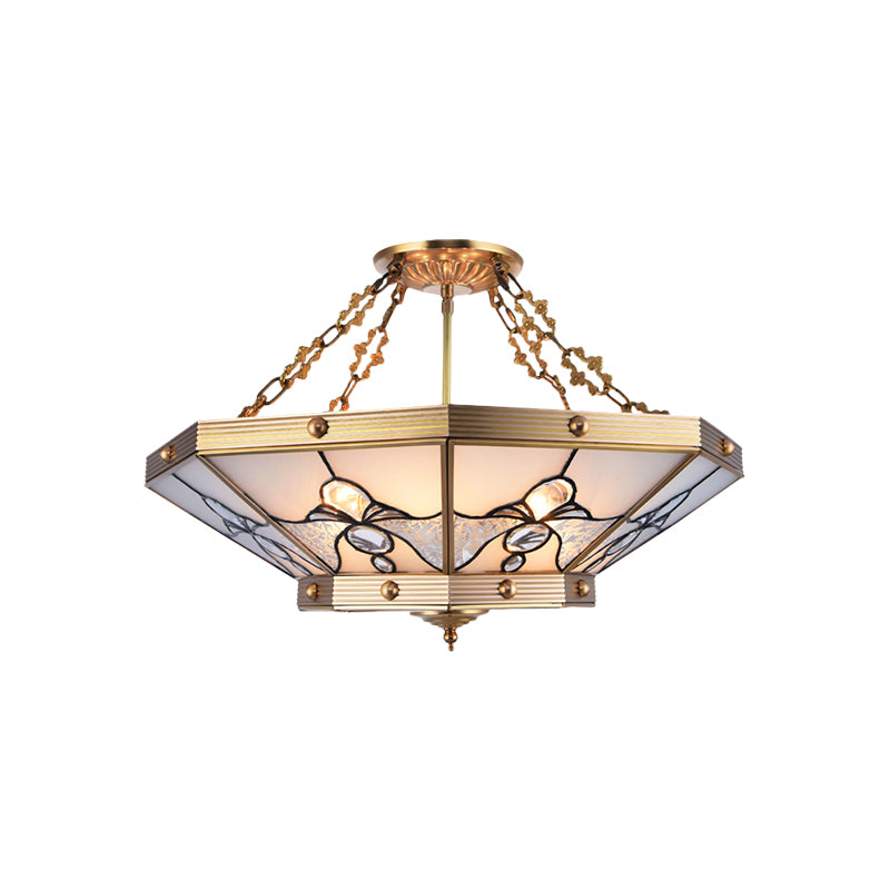 Brass 4 Lights Semi-Flush Ceiling Light Colonialism Bevel Frosted Glass Tapered Ceiling Mount Chandelier for Bedroom, 16"/19.5" W Clearhalo 'Ceiling Lights' 'Close To Ceiling Lights' 'Close to ceiling' 'Flush mount' Lighting' 271427