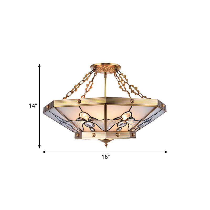 Brass 4 Lights Semi-Flush Ceiling Light Colonialism Bevel Frosted Glass Tapered Ceiling Mount Chandelier for Bedroom, 16"/19.5" W Clearhalo 'Ceiling Lights' 'Close To Ceiling Lights' 'Close to ceiling' 'Flush mount' Lighting' 271428