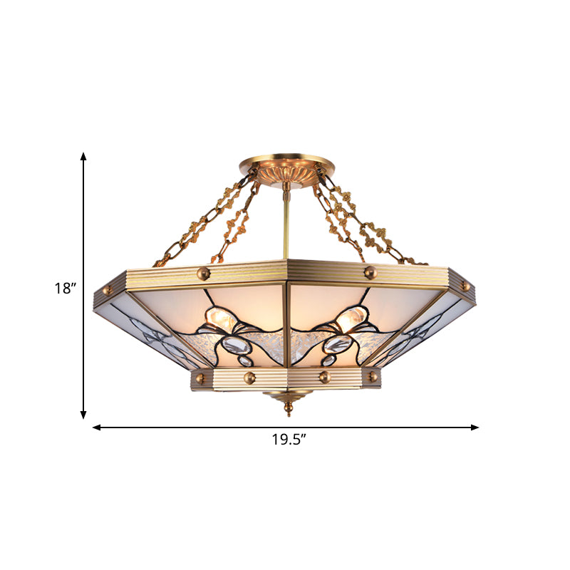 Brass 4 Lights Semi-Flush Ceiling Light Colonialism Bevel Frosted Glass Tapered Ceiling Mount Chandelier for Bedroom, 16"/19.5" W Clearhalo 'Ceiling Lights' 'Close To Ceiling Lights' 'Close to ceiling' 'Flush mount' Lighting' 271429