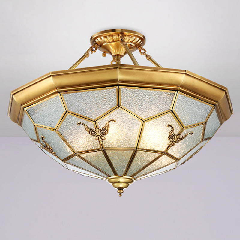 Prism Living Room Semi-Flush Mount Colonial Seeded Glass 4/6 Bulbs Brass Ceiling Light Fixture, 19.5"/25.5" W Clearhalo 'Ceiling Lights' 'Close To Ceiling Lights' 'Close to ceiling' 'Glass shade' 'Glass' 'Semi-flushmount' Lighting' 271445