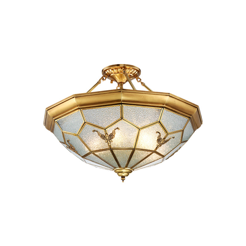 Prism Living Room Semi-Flush Mount Colonial Seeded Glass 4/6 Bulbs Brass Ceiling Light Fixture, 19.5"/25.5" W Clearhalo 'Ceiling Lights' 'Close To Ceiling Lights' 'Close to ceiling' 'Glass shade' 'Glass' 'Semi-flushmount' Lighting' 271447