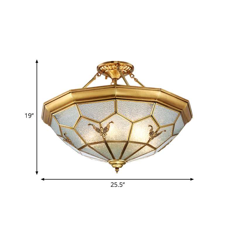 Prism Living Room Semi-Flush Mount Colonial Seeded Glass 4/6 Bulbs Brass Ceiling Light Fixture, 19.5"/25.5" W Clearhalo 'Ceiling Lights' 'Close To Ceiling Lights' 'Close to ceiling' 'Glass shade' 'Glass' 'Semi-flushmount' Lighting' 271449