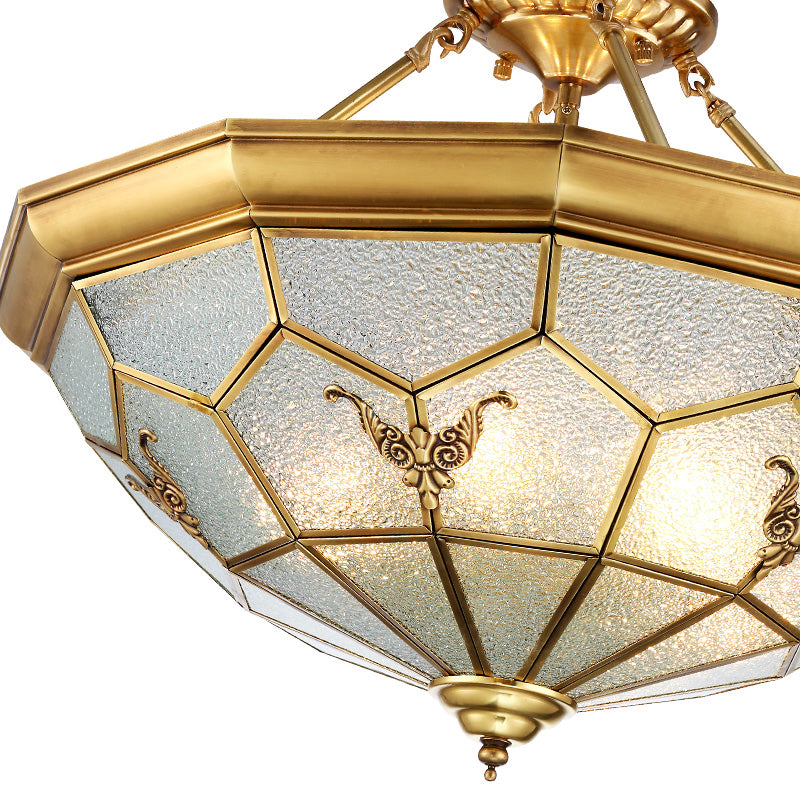 Prism Living Room Semi-Flush Mount Colonial Seeded Glass 4/6 Bulbs Brass Ceiling Light Fixture, 19.5"/25.5" W Clearhalo 'Ceiling Lights' 'Close To Ceiling Lights' 'Close to ceiling' 'Glass shade' 'Glass' 'Semi-flushmount' Lighting' 271450