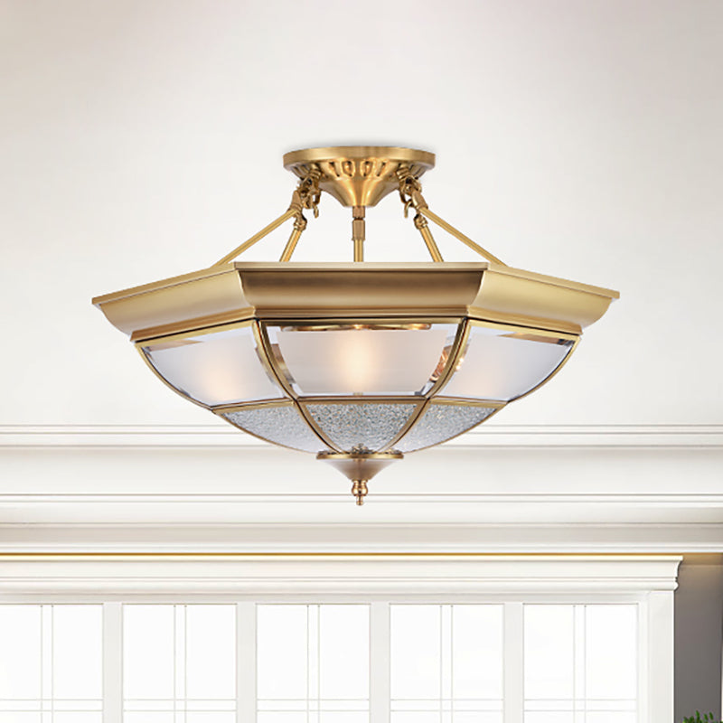 3/4-Light White Glass Semi Flush Colonialist Brass Inverted Living Room Close to Ceiling Lighting, 16"/19.5" W Brass Clearhalo 'Ceiling Lights' 'Close To Ceiling Lights' 'Close to ceiling' 'Glass shade' 'Glass' 'Semi-flushmount' Lighting' 271451