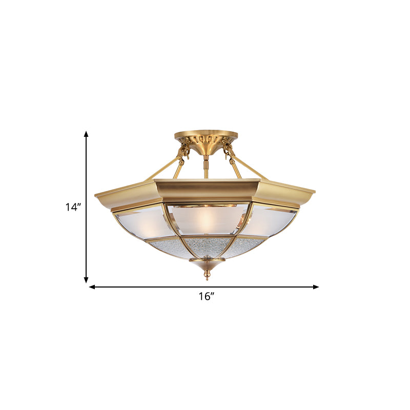 3/4-Light White Glass Semi Flush Colonialist Brass Inverted Living Room Close to Ceiling Lighting, 16"/19.5" W Clearhalo 'Ceiling Lights' 'Close To Ceiling Lights' 'Close to ceiling' 'Glass shade' 'Glass' 'Semi-flushmount' Lighting' 271455