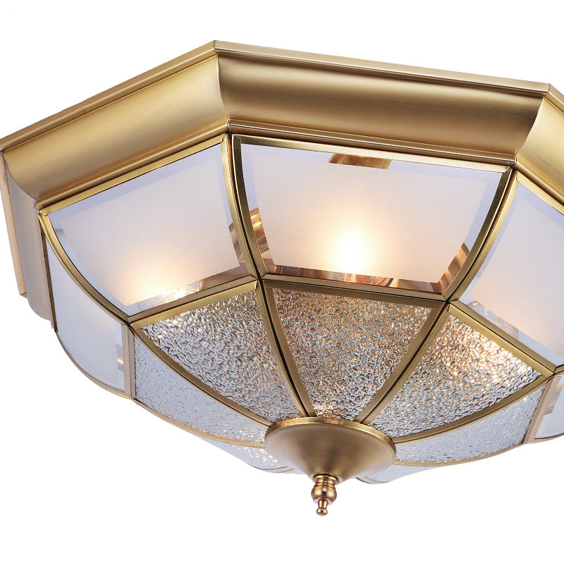 3/4-Light White Glass Semi Flush Colonialist Brass Inverted Living Room Close to Ceiling Lighting, 16"/19.5" W Clearhalo 'Ceiling Lights' 'Close To Ceiling Lights' 'Close to ceiling' 'Glass shade' 'Glass' 'Semi-flushmount' Lighting' 271457