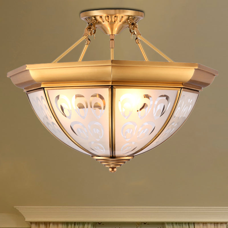 Colonial Dome Ceiling Mount Light Fixture 15"/19" W 3/4 Bulbs Opal Glass Semi Flush Chandelier in Brass for Living Room Clearhalo 'Ceiling Lights' 'Close To Ceiling Lights' 'Close to ceiling' 'Glass shade' 'Glass' 'Semi-flushmount' Lighting' 271459