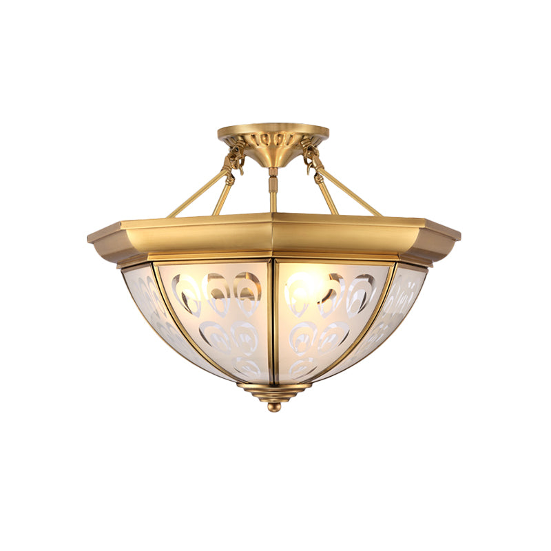Colonial Dome Ceiling Mount Light Fixture 15"/19" W 3/4 Bulbs Opal Glass Semi Flush Chandelier in Brass for Living Room Clearhalo 'Ceiling Lights' 'Close To Ceiling Lights' 'Close to ceiling' 'Glass shade' 'Glass' 'Semi-flushmount' Lighting' 271461