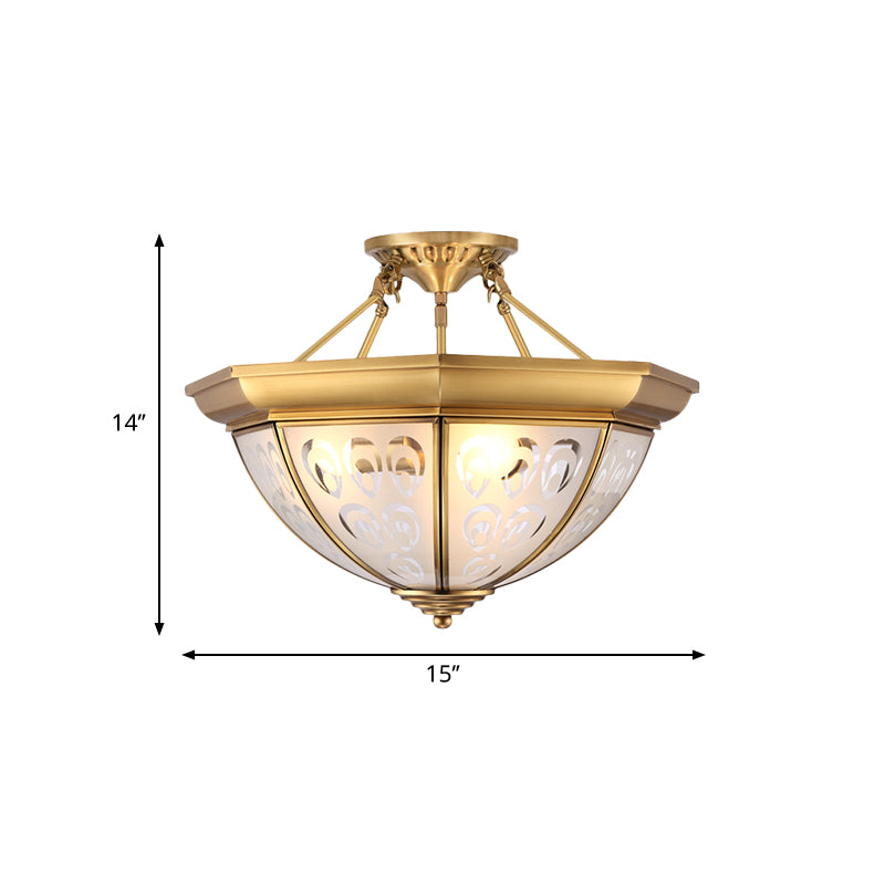 Colonial Dome Ceiling Mount Light Fixture 15"/19" W 3/4 Bulbs Opal Glass Semi Flush Chandelier in Brass for Living Room Clearhalo 'Ceiling Lights' 'Close To Ceiling Lights' 'Close to ceiling' 'Glass shade' 'Glass' 'Semi-flushmount' Lighting' 271462