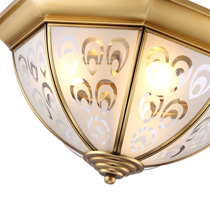 Colonial Dome Ceiling Mount Light Fixture 15"/19" W 3/4 Bulbs Opal Glass Semi Flush Chandelier in Brass for Living Room Clearhalo 'Ceiling Lights' 'Close To Ceiling Lights' 'Close to ceiling' 'Glass shade' 'Glass' 'Semi-flushmount' Lighting' 271464