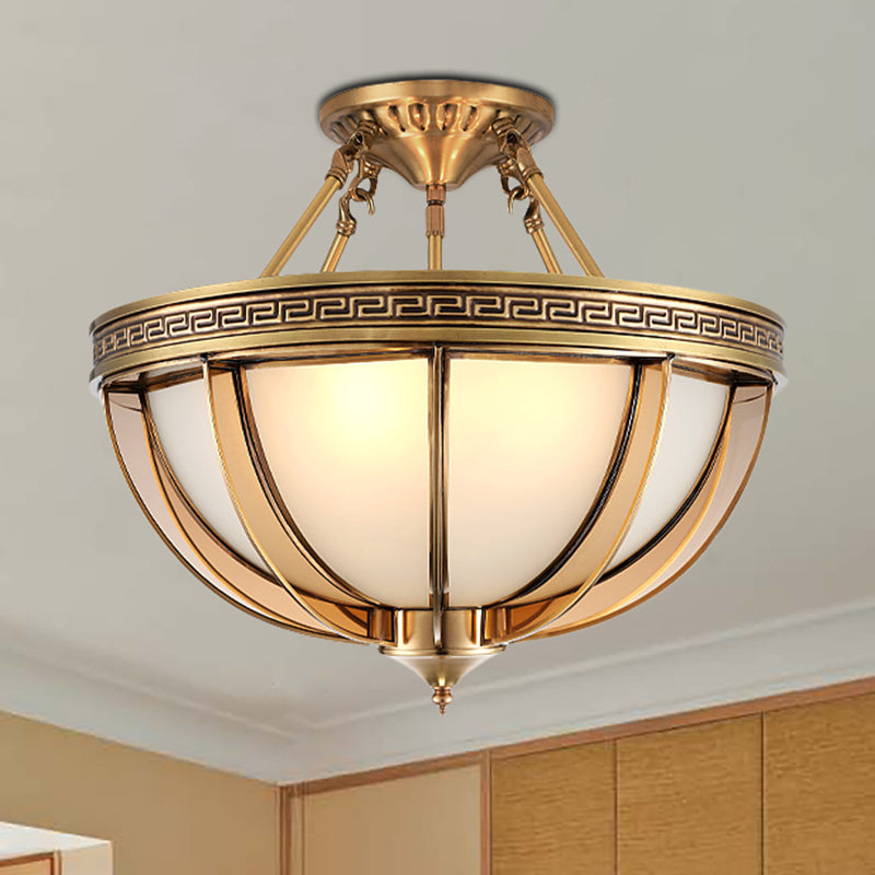 16.5"/20.5" W Ivory Glass Bowl Ceiling Lighting Colonial 3/4 Heads Living Room Semi Flush Mount Light Fixture in Brass Clearhalo 'Ceiling Lights' 'Close To Ceiling Lights' 'Close to ceiling' 'Glass shade' 'Glass' 'Semi-flushmount' Lighting' 271466