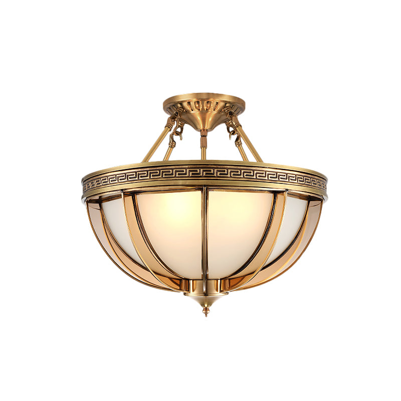 16.5"/20.5" W Ivory Glass Bowl Ceiling Lighting Colonial 3/4 Heads Living Room Semi Flush Mount Light Fixture in Brass Clearhalo 'Ceiling Lights' 'Close To Ceiling Lights' 'Close to ceiling' 'Glass shade' 'Glass' 'Semi-flushmount' Lighting' 271468