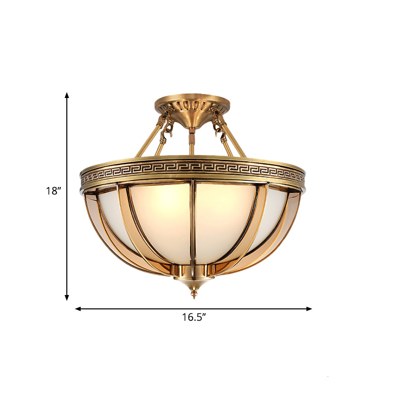 16.5"/20.5" W Ivory Glass Bowl Ceiling Lighting Colonial 3/4 Heads Living Room Semi Flush Mount Light Fixture in Brass Clearhalo 'Ceiling Lights' 'Close To Ceiling Lights' 'Close to ceiling' 'Glass shade' 'Glass' 'Semi-flushmount' Lighting' 271469
