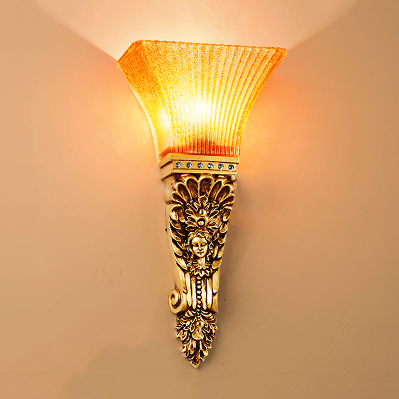 Ribbed Glass Torch Sconce Light Colonial 1 Bulb Amber Wall Mounted Light with Gold Finish Crafted Backplate Clearhalo 'Wall Lamps & Sconces' 'Wall Lights' Lighting' 271484