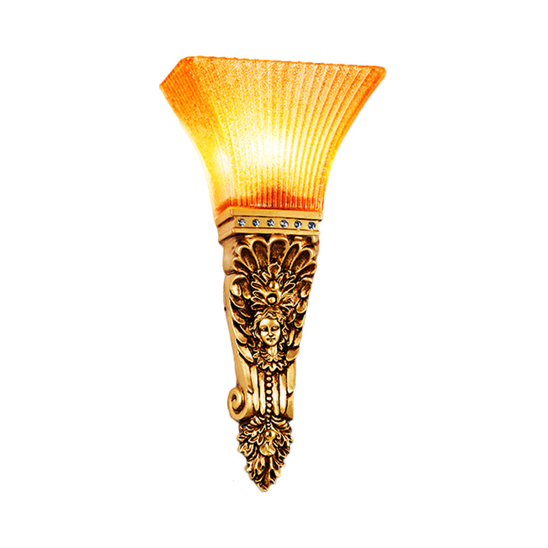 Ribbed Glass Torch Sconce Light Colonial 1 Bulb Amber Wall Mounted Light with Gold Finish Crafted Backplate Clearhalo 'Wall Lamps & Sconces' 'Wall Lights' Lighting' 271486