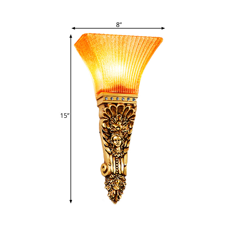 Ribbed Glass Torch Sconce Light Colonial 1 Bulb Amber Wall Mounted Light with Gold Finish Crafted Backplate Clearhalo 'Wall Lamps & Sconces' 'Wall Lights' Lighting' 271487