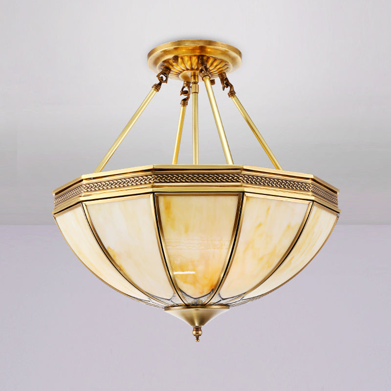 Brass 3/4 Heads Semi Flush Light Colonialism Sandblasted Glass Bowl Ceiling Fixture for Living Room, 14"/18" W Clearhalo 'Ceiling Lights' 'Close To Ceiling Lights' 'Close to ceiling' 'Glass shade' 'Glass' 'Semi-flushmount' Lighting' 271489