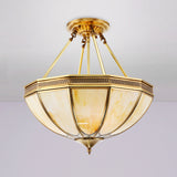 Brass 3/4 Heads Semi Flush Light Colonialism Sandblasted Glass Bowl Ceiling Fixture for Living Room, 14"/18" W Clearhalo 'Ceiling Lights' 'Close To Ceiling Lights' 'Close to ceiling' 'Glass shade' 'Glass' 'Semi-flushmount' Lighting' 271489