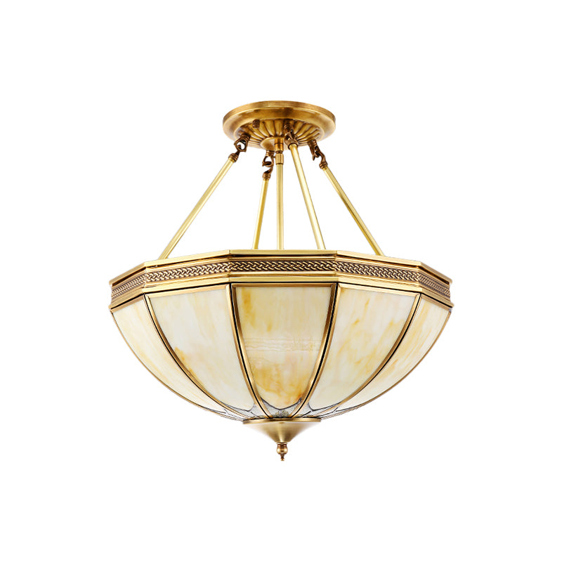 Brass 3/4 Heads Semi Flush Light Colonialism Sandblasted Glass Bowl Ceiling Fixture for Living Room, 14"/18" W Clearhalo 'Ceiling Lights' 'Close To Ceiling Lights' 'Close to ceiling' 'Glass shade' 'Glass' 'Semi-flushmount' Lighting' 271491