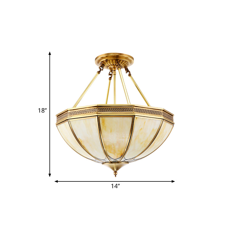 Brass 3/4 Heads Semi Flush Light Colonialism Sandblasted Glass Bowl Ceiling Fixture for Living Room, 14"/18" W Clearhalo 'Ceiling Lights' 'Close To Ceiling Lights' 'Close to ceiling' 'Glass shade' 'Glass' 'Semi-flushmount' Lighting' 271492