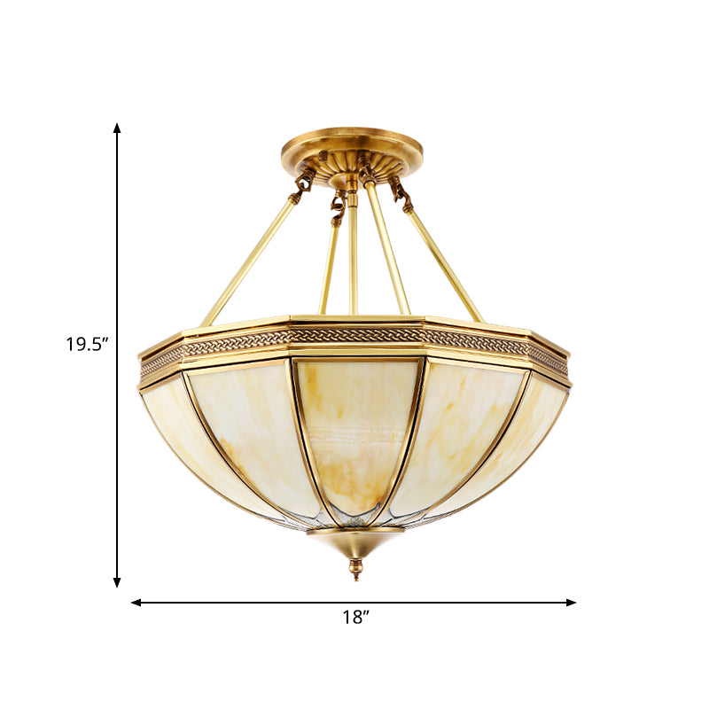 Brass 3/4 Heads Semi Flush Light Colonialism Sandblasted Glass Bowl Ceiling Fixture for Living Room, 14"/18" W Clearhalo 'Ceiling Lights' 'Close To Ceiling Lights' 'Close to ceiling' 'Glass shade' 'Glass' 'Semi-flushmount' Lighting' 271493