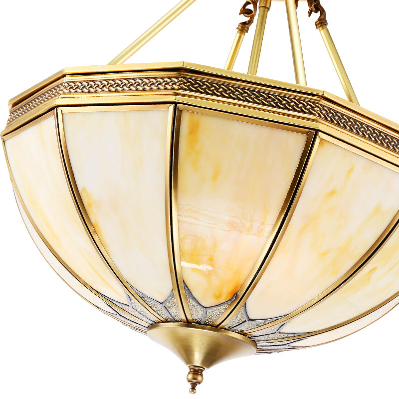 Brass 3/4 Heads Semi Flush Light Colonialism Sandblasted Glass Bowl Ceiling Fixture for Living Room, 14"/18" W Clearhalo 'Ceiling Lights' 'Close To Ceiling Lights' 'Close to ceiling' 'Glass shade' 'Glass' 'Semi-flushmount' Lighting' 271494