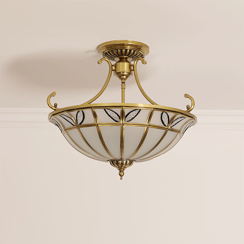 Brass 3 Heads Semi Flush Light Colonialism Sandblasted Glass Dome Ceiling Fixture for Porch Brass Clearhalo 'Ceiling Lights' 'Close To Ceiling Lights' 'Close to ceiling' 'Glass shade' 'Glass' 'Semi-flushmount' Lighting' 271500